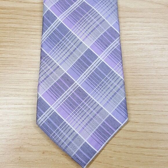CALVIN KLEIN Mens Neck Tie Purple Gray Plaid Check Modern Classic Silk Blend - Picture 1 of 6